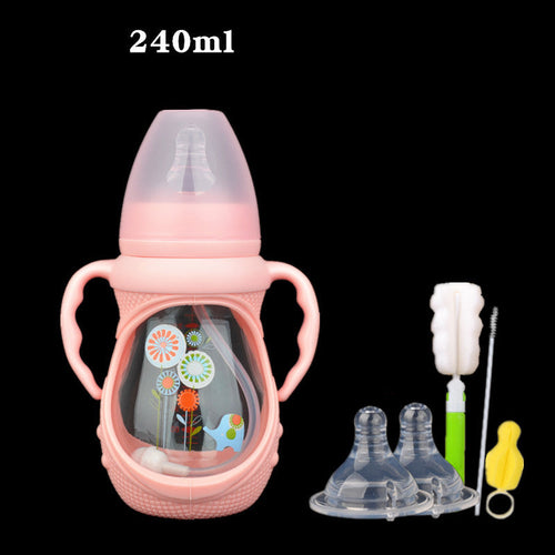 Durable Baby Glass Feeding Bottle – Anti-Colic Wide Neck, Spill-Proof Straw, Explosion-Proof