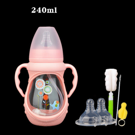 Durable Baby Glass Feeding Bottle – Anti-Colic Wide Neck, Spill-Proof Straw, Explosion-Proof