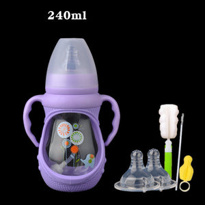 Durable Baby Glass Feeding Bottle – Anti-Colic Wide Neck, Spill-Proof Straw, Explosion-Proof