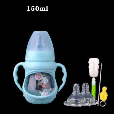 Durable Baby Glass Feeding Bottle – Anti-Colic Wide Neck, Spill-Proof Straw, Explosion-Proof