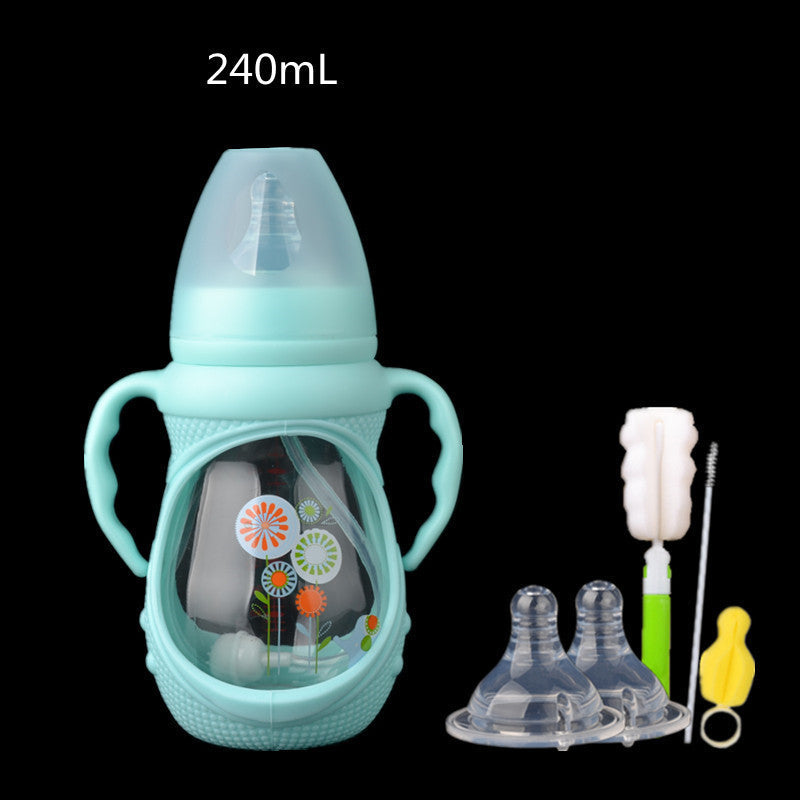 Durable Baby Glass Feeding Bottle – Anti-Colic Wide Neck, Spill-Proof Straw, Explosion-Proof